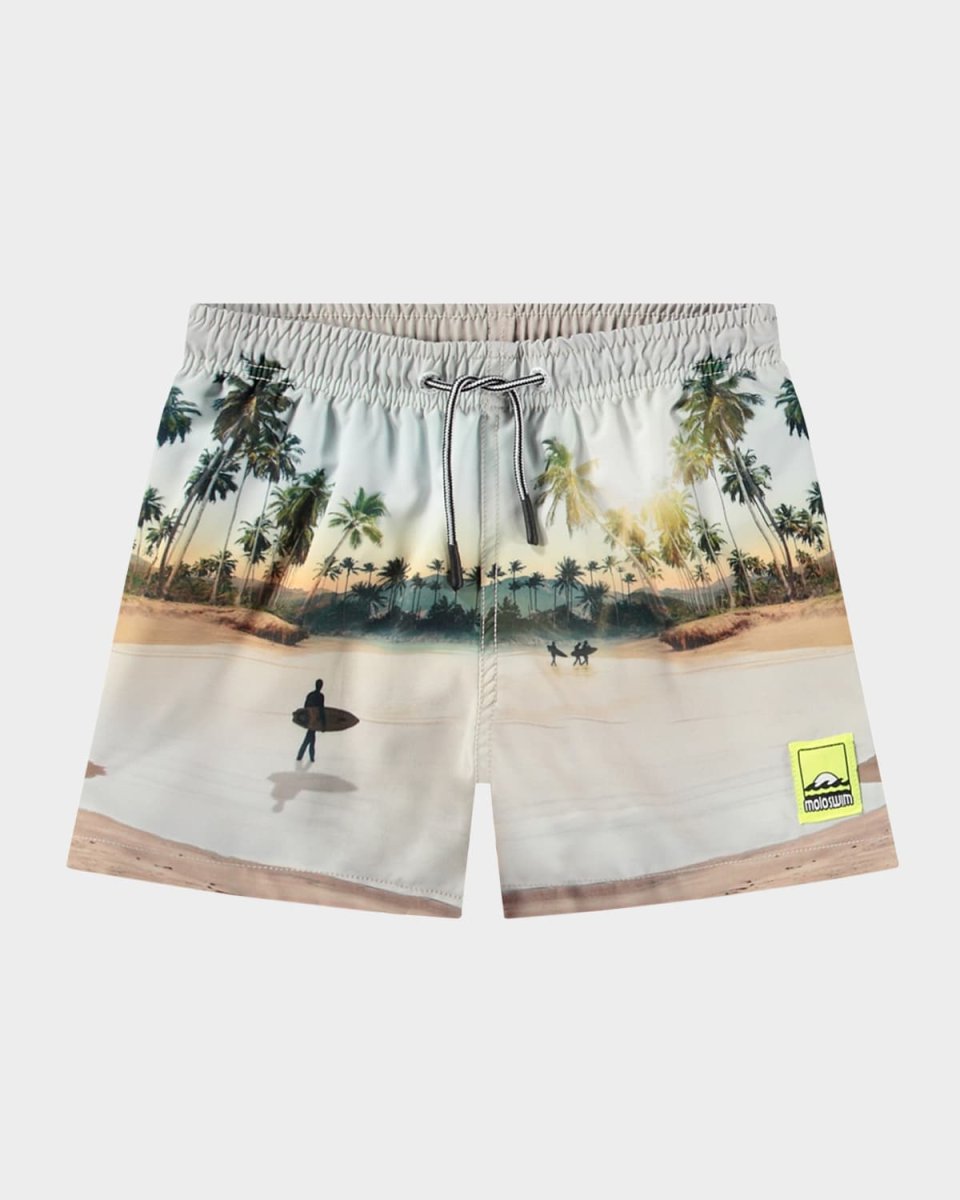 Boy's Niko Surf-Print Swim Shorts, Size 7